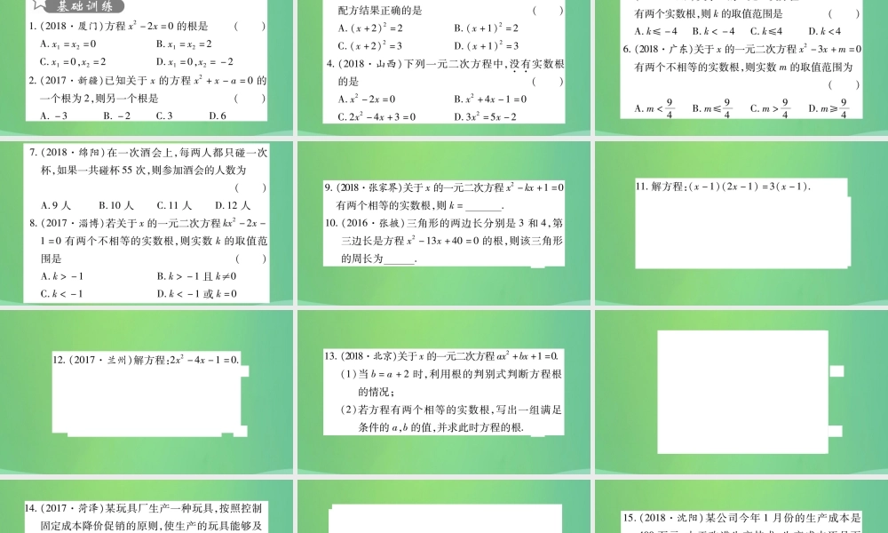 中考数学复习 第一轮 考点系统复习 第二章 方程(组)与不等式(组)第二节 一元二次方程及其应用(精练)课件