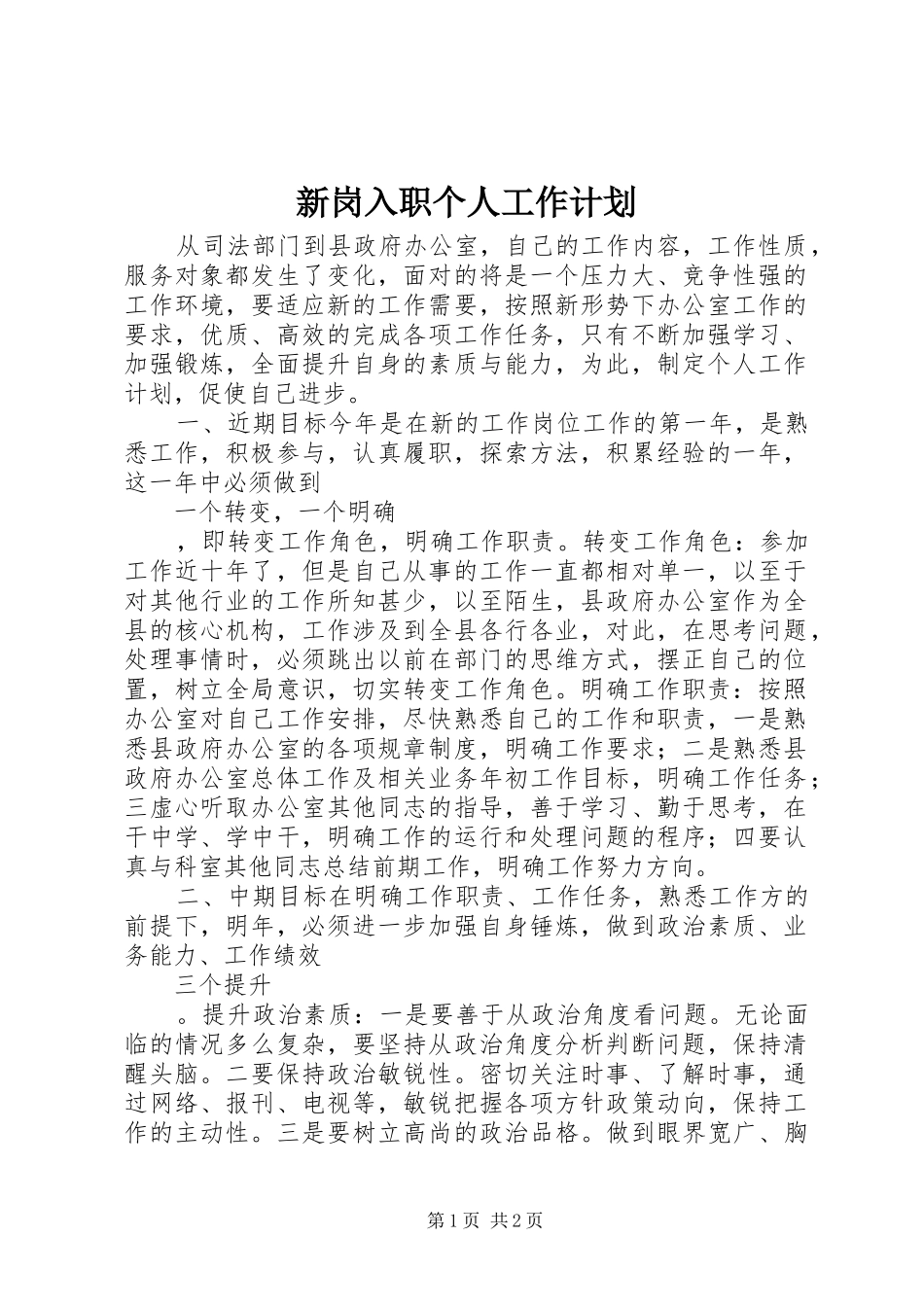 新岗入职个人工作计划_第1页