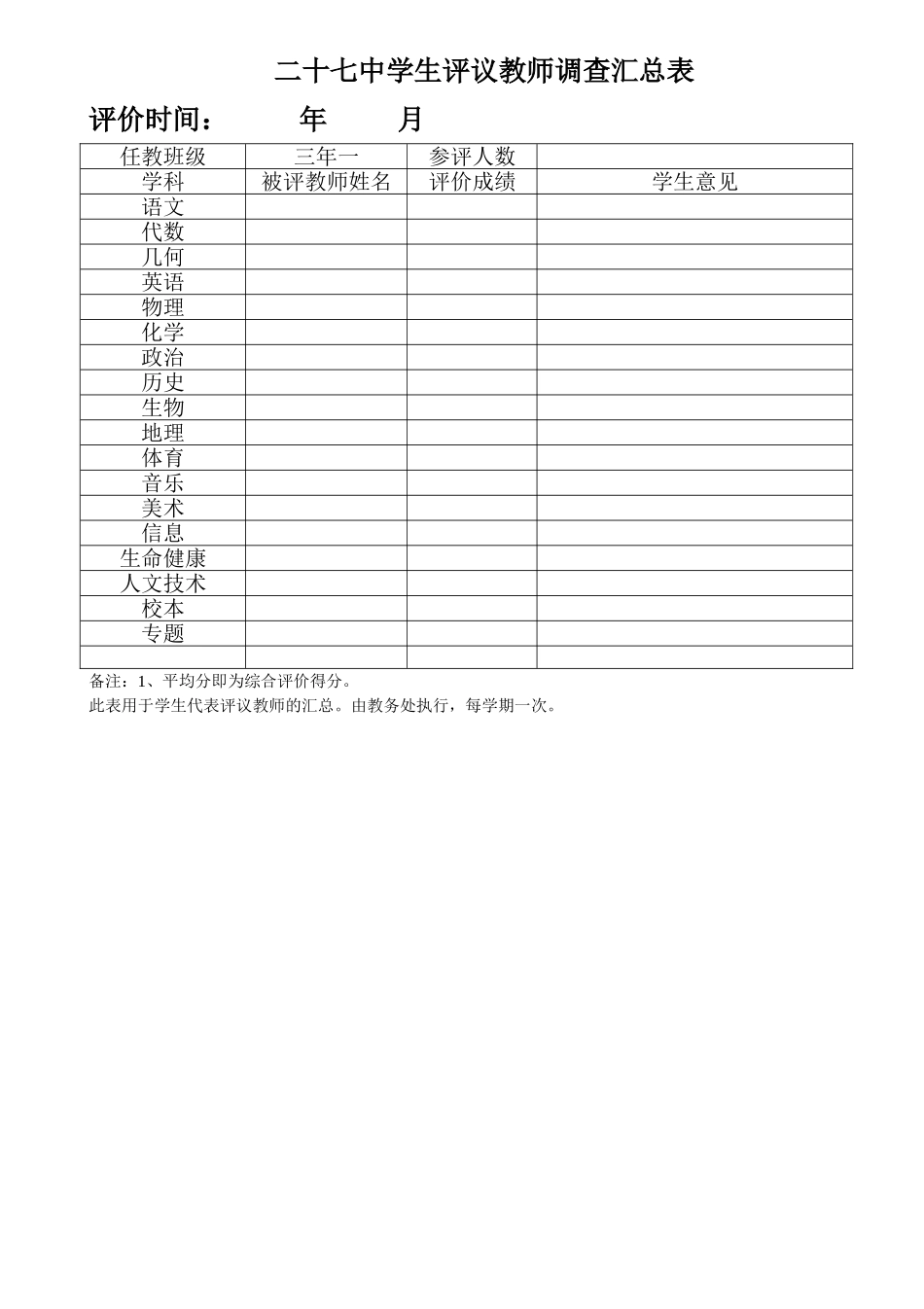二十七学生评议教师汇总表_第1页
