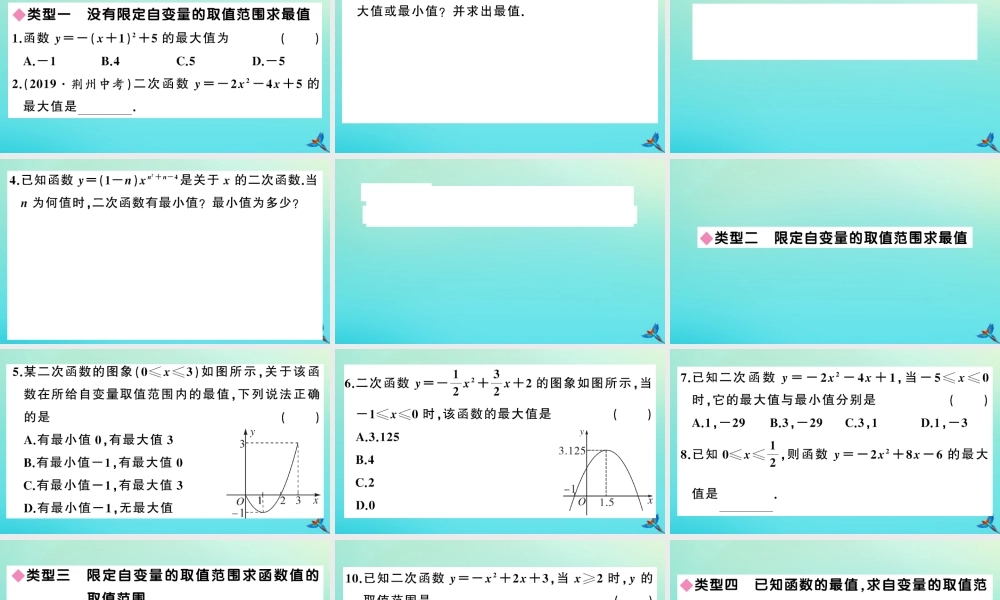 九年级数学上册 第21章 二次函数与反比例函数 易错易混专题：二次函数的最值或函数值的取值范围作业课件 (新版)沪科版 课件