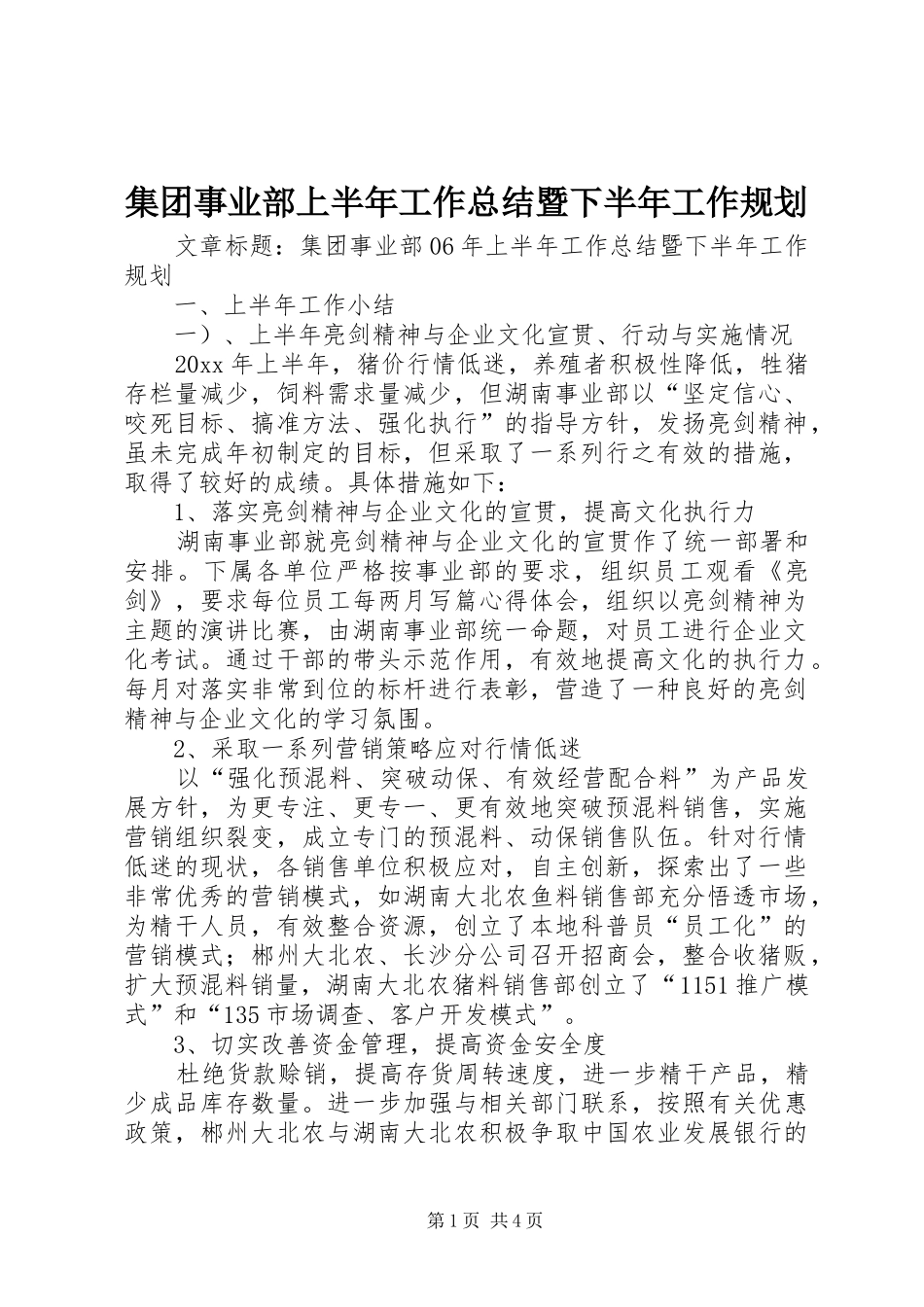 集团事业部上半年工作总结暨下半年工作规划_第1页