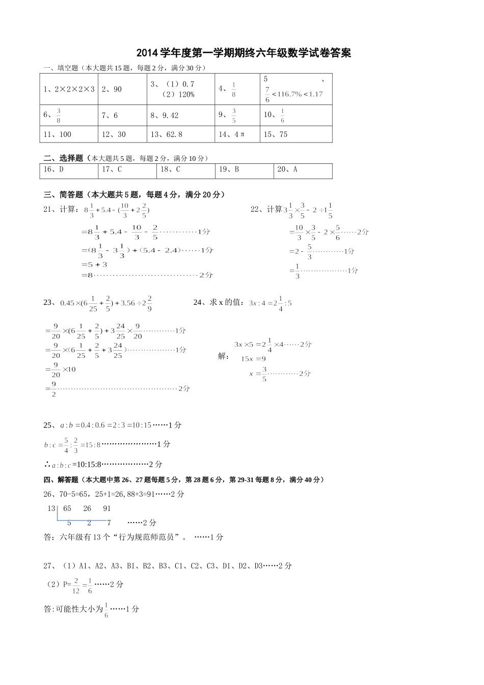 2014六年级第一学期数学期终考卷_第3页