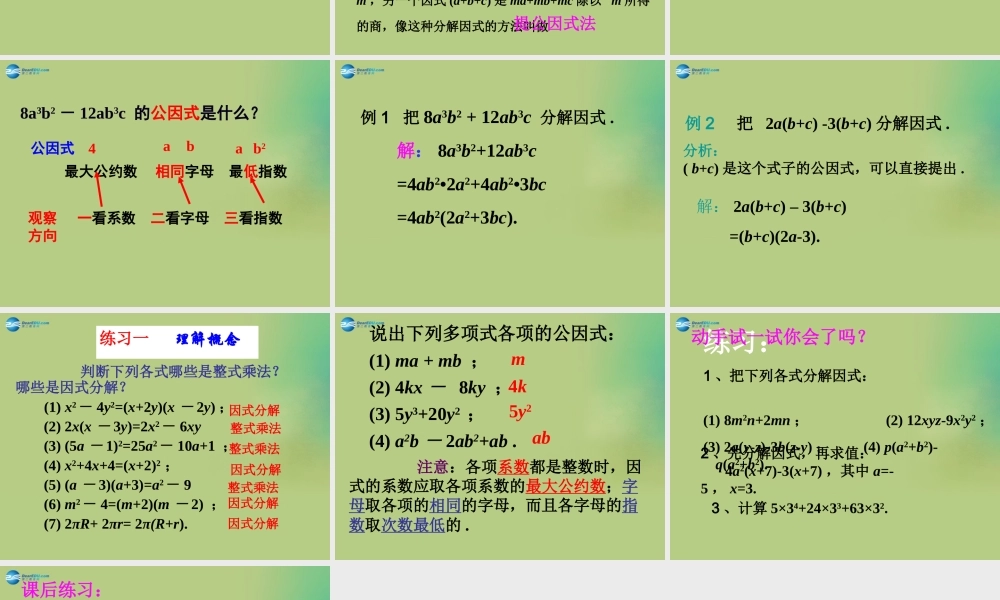 八年级数学下册(4.2 提公因式法)课件3 (新版)北师大版 课件