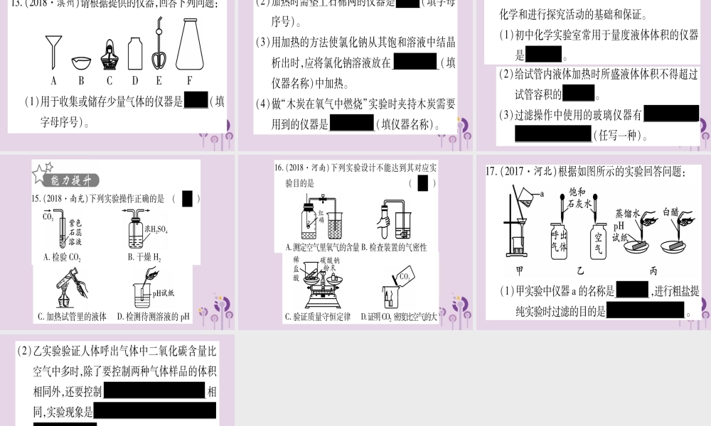 中考化学复习 第一部分 基础知识 第三单元 化学实验 第15讲 仪器识别和基本实验操作(精练)课件
