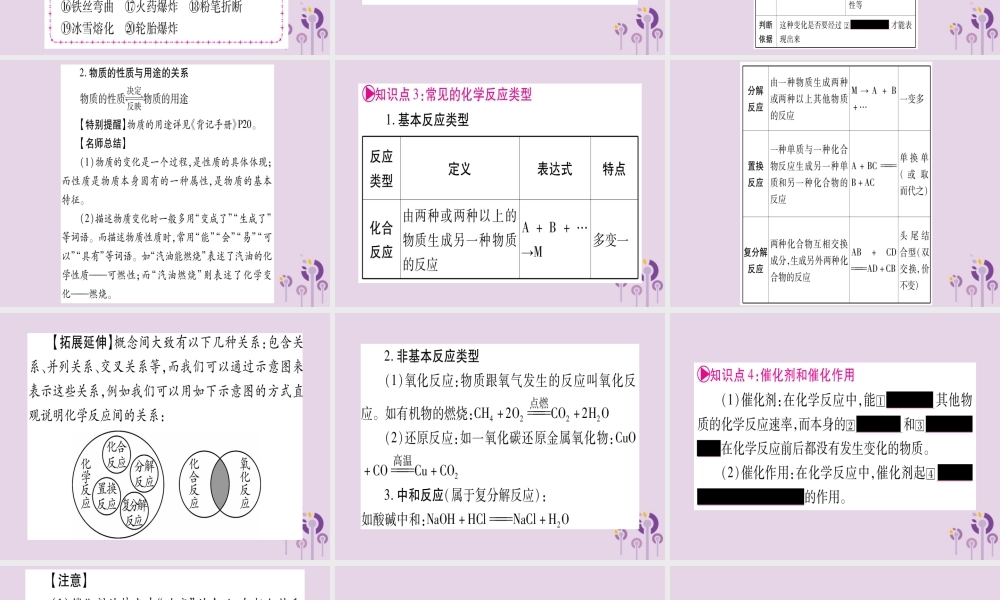 中考化学复习 第一部分 基础知识 第二单元 化学基本概念和原理 第11讲 物质的变化、性质及用途(含反应类型、催化剂)(精讲)课件