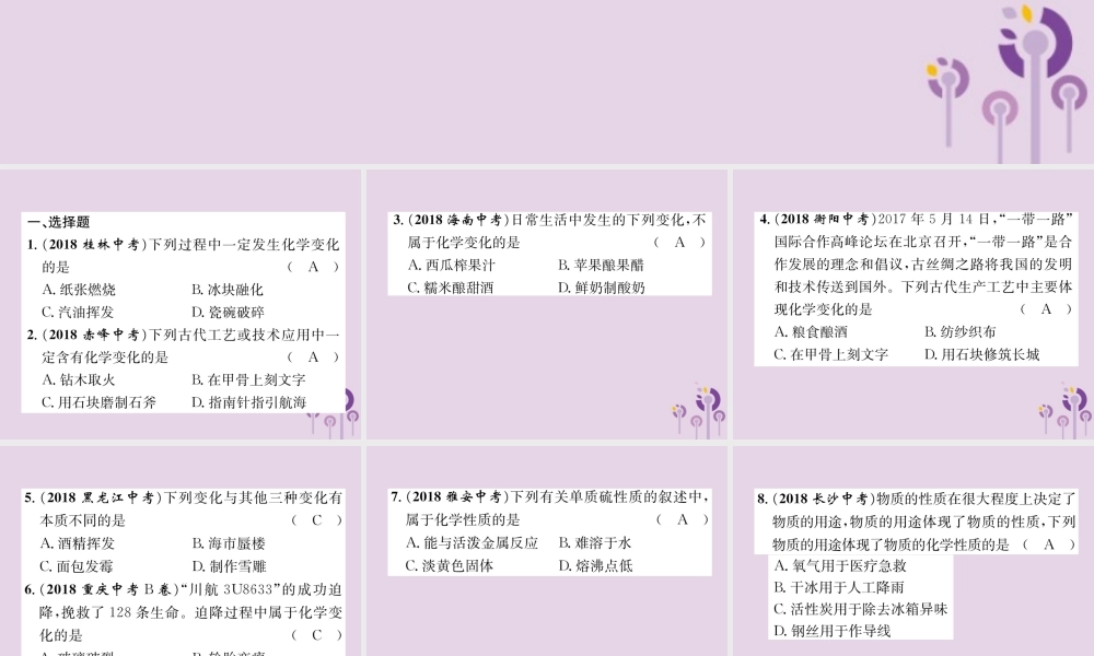 中考化学总复习 第1编 主题复习 模块3 物质的化学变化 课时11 物质的变化和性质(精练)课件