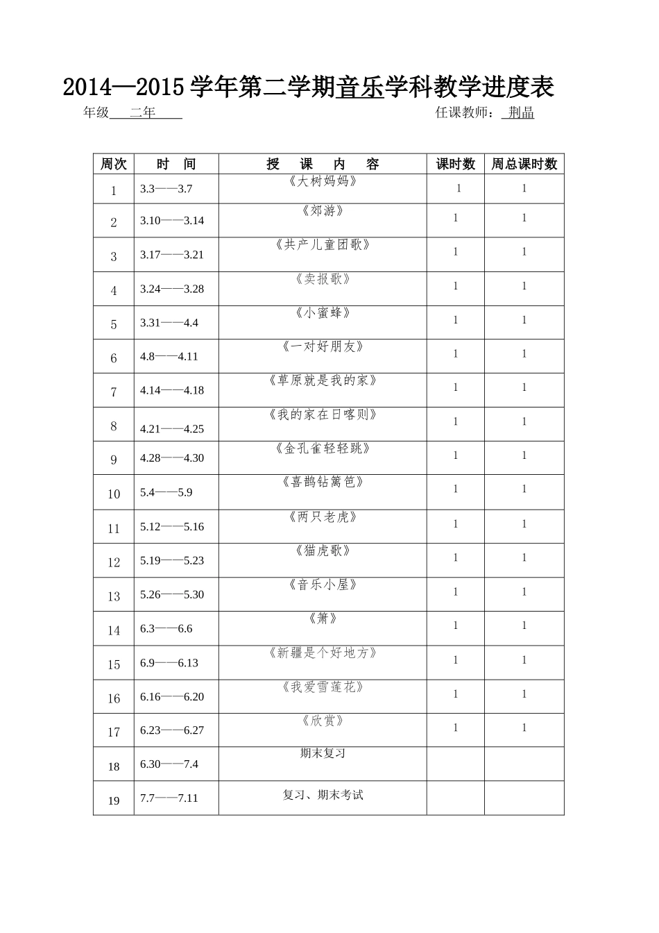 二年级下教学进度表_第1页