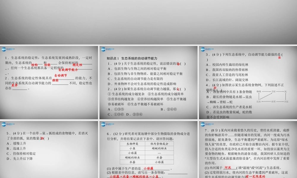 九年级科学下册 251 生态系统的自动调节能力习题课件 浙教版 课件
