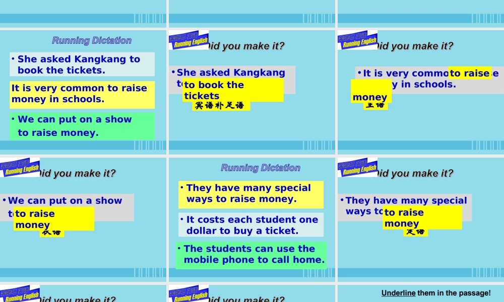 八年级英语下册 Unit 6 Enjoying Cycling Topic 1 We re going on a three day visit to Mount Tai Section C RaisingMoney课件 (新版)仁爱版 课件