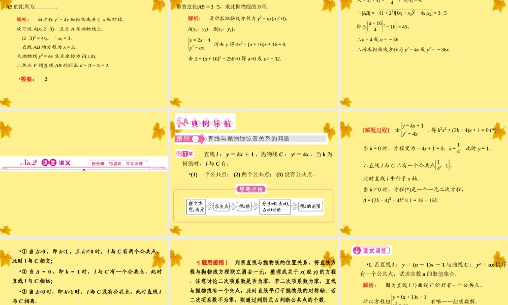 数学 2.4.2第2课时抛物线方程及性质的应用精品课件同步导学 新人教A版选修2-1 课件