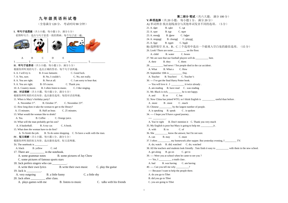 九年级英语模拟试卷_第1页
