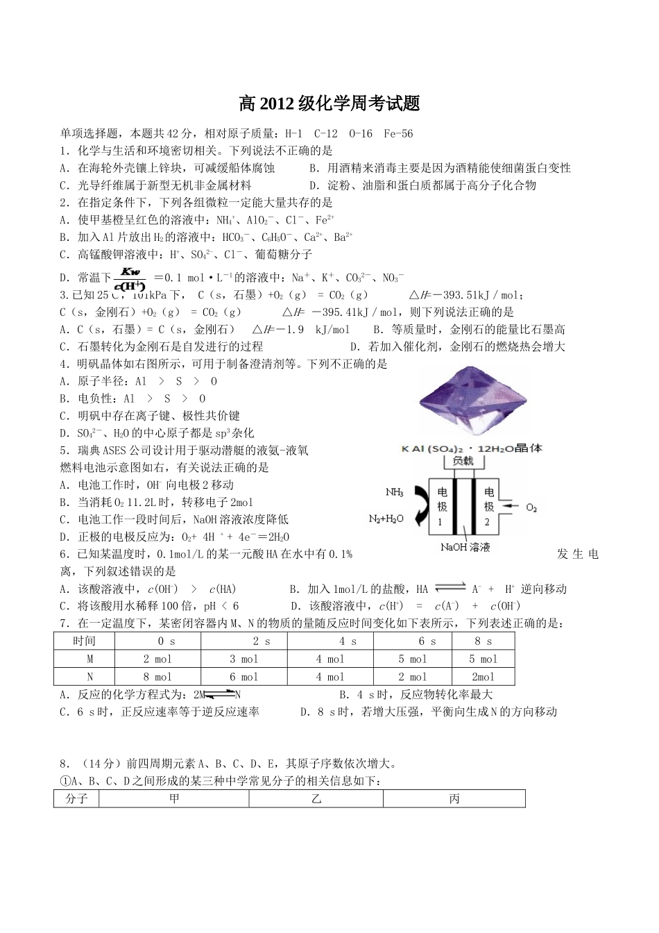 高2012级化学周考试题_第1页