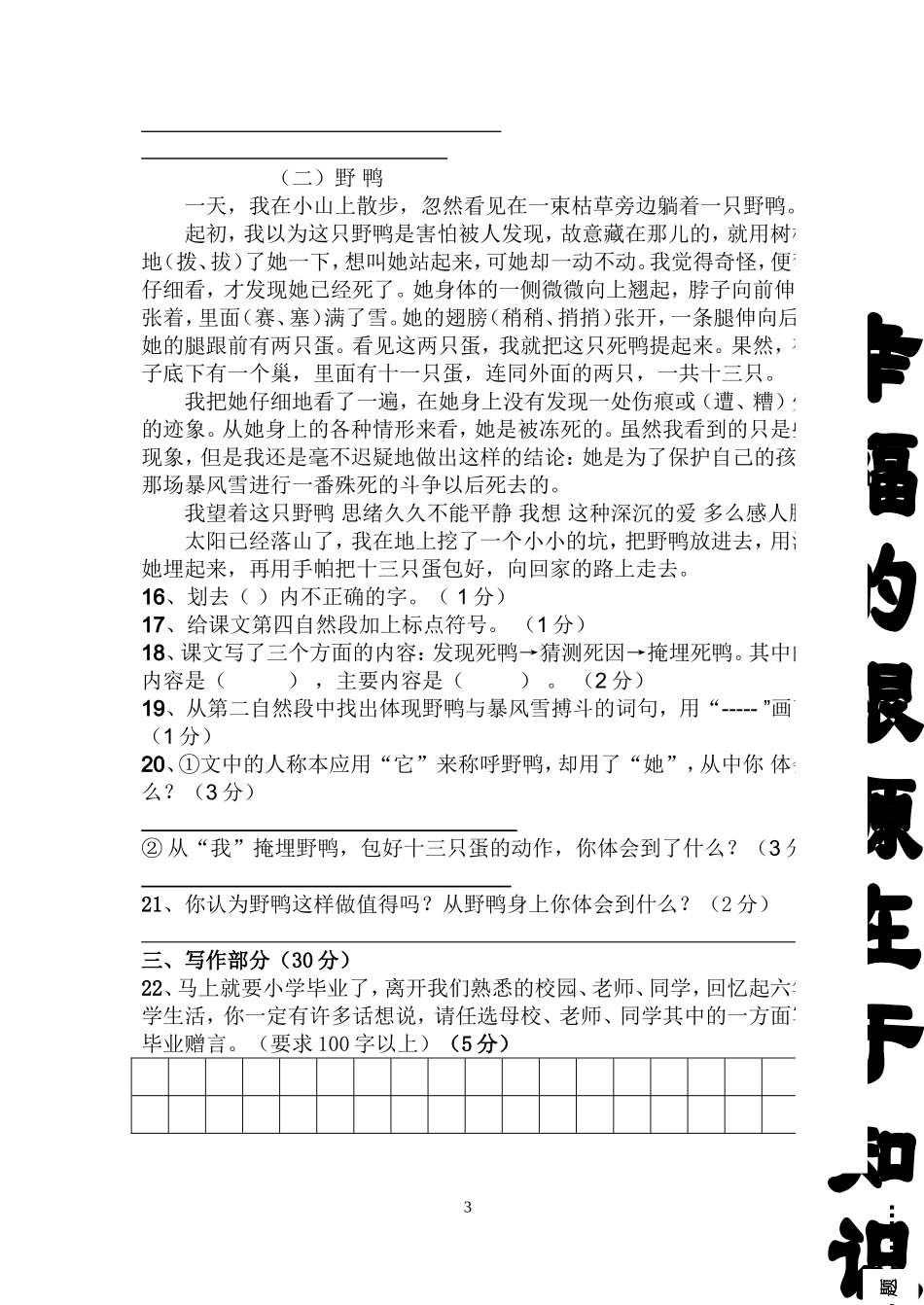 教科版小学五年级小考语文模拟试卷(1)_第3页