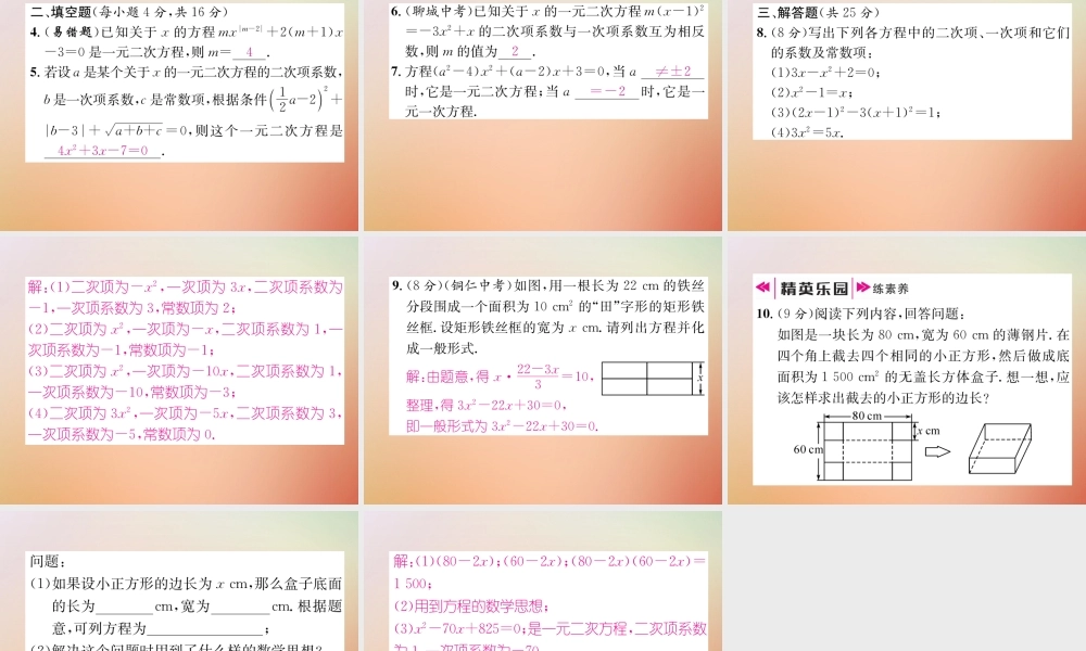 九年级数学上册 第2章 一元二次方程 21 认识一元二次方程(1)作业课件 (新版)北师大版 课件
