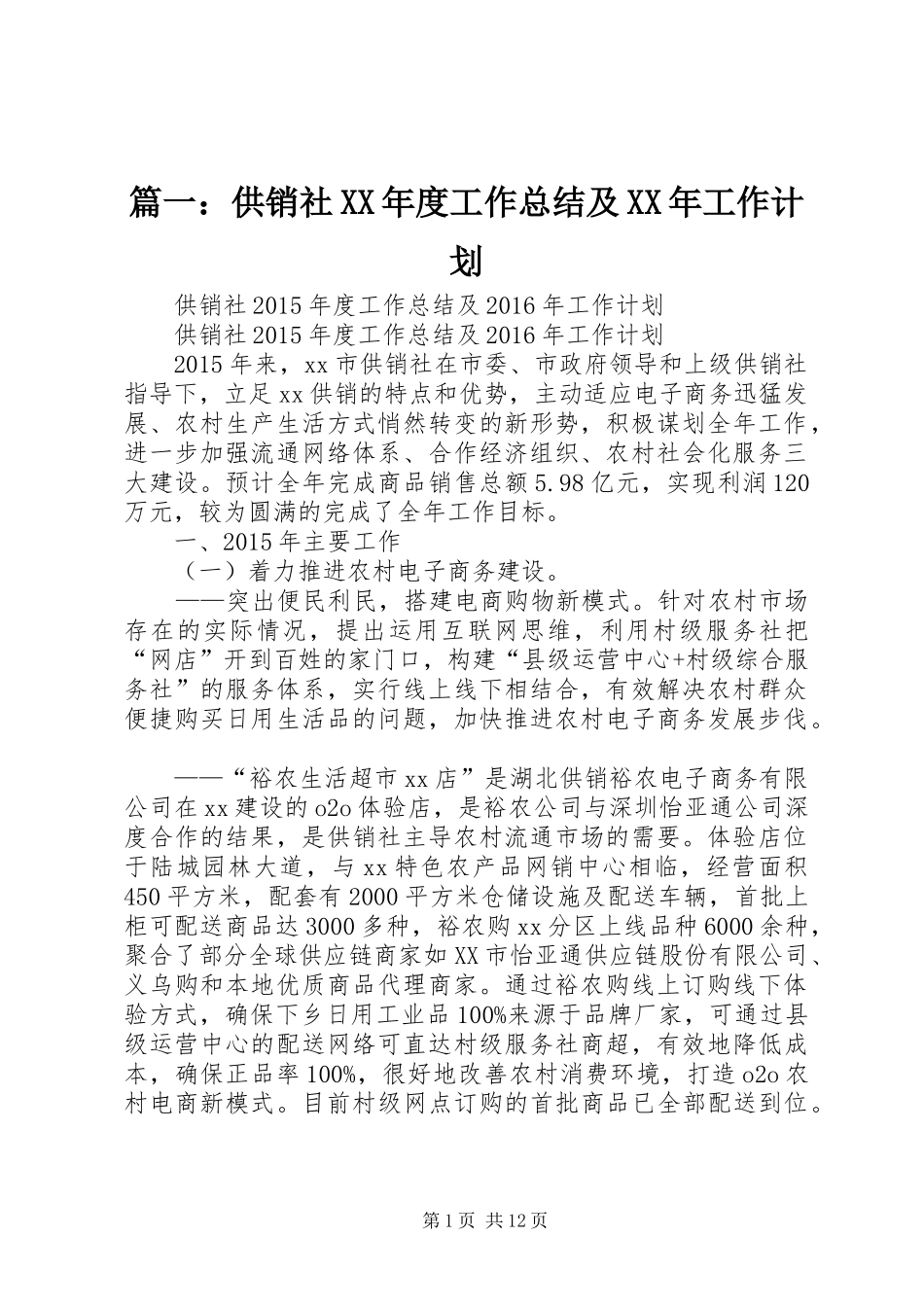篇一：供销社XX年度工作总结及XX年工作计划_第1页