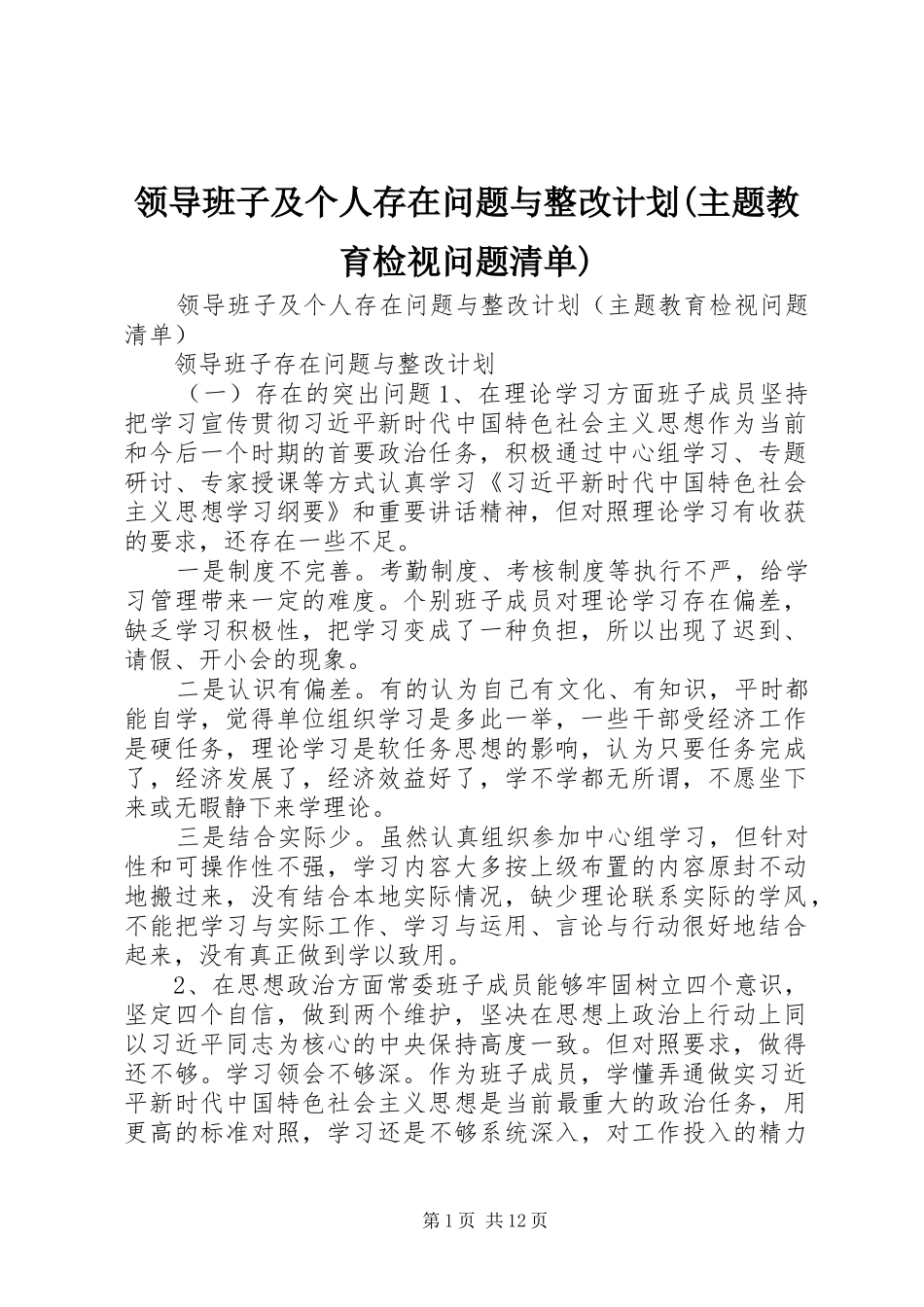 领导班子及个人存在问题与整改计划(主题教育检视问题清单)_第1页