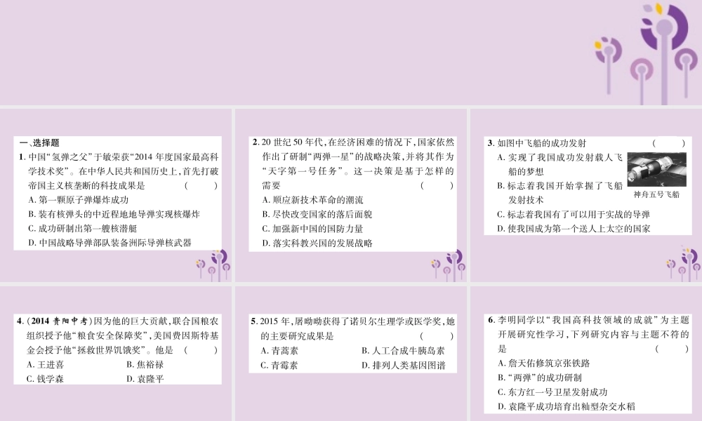 中考历史总复习 第一编 教材知识速查篇 模块二 中国现代史 第14讲 科技文化与社会生活(精练)课件