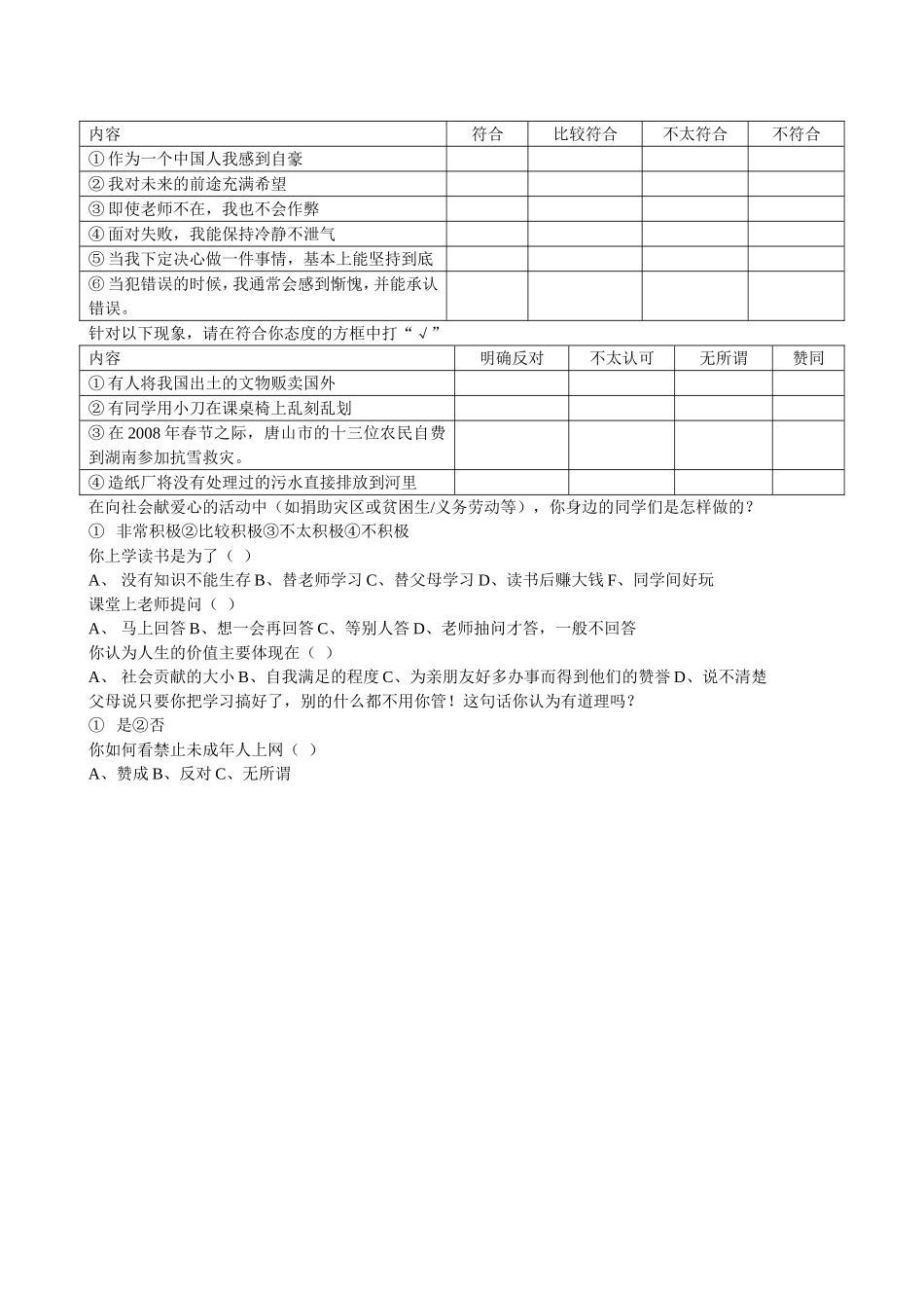 2014--2015学年小学生思想品质问卷调查表_第2页
