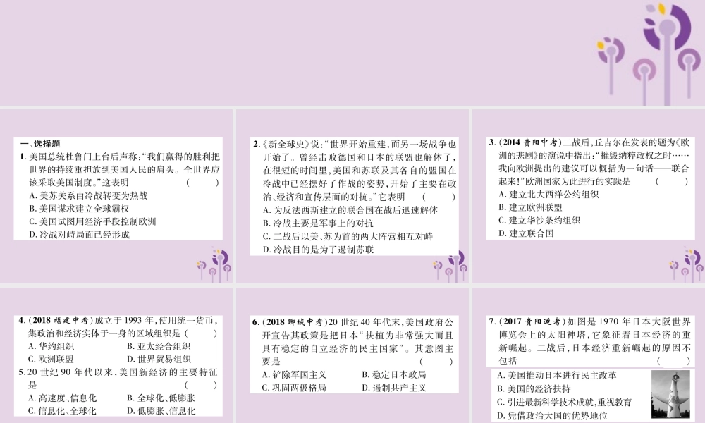 中考历史总复习 第一编 教材知识速查篇 模块四 世界现代史 第22讲 冷战和美苏对峙的世界(精练)课件