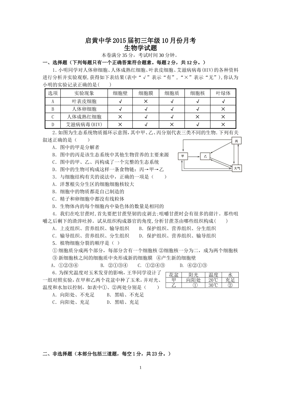 启黄中学初三年级上学期十月月考_第1页