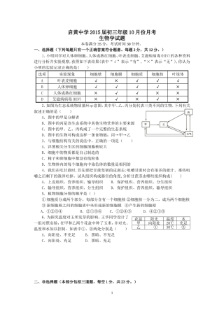 启黄中学初三年级上学期十月月考