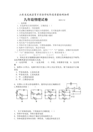 武城2016九年级物理12月月考试题及答案