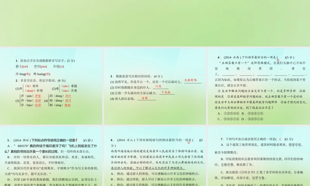 九年级语文上册 11大小猫洞习题课件 语文版 课件