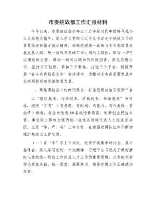 市委统战部工作汇报材料
