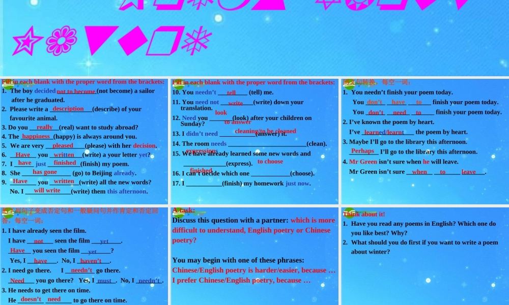 九年级英语下册 Unit1 You Can Write Poetry Lesson 2 Poems  About  Nature课件 冀教版 课件