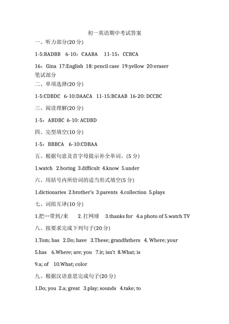初一英语期中考试答案_第1页