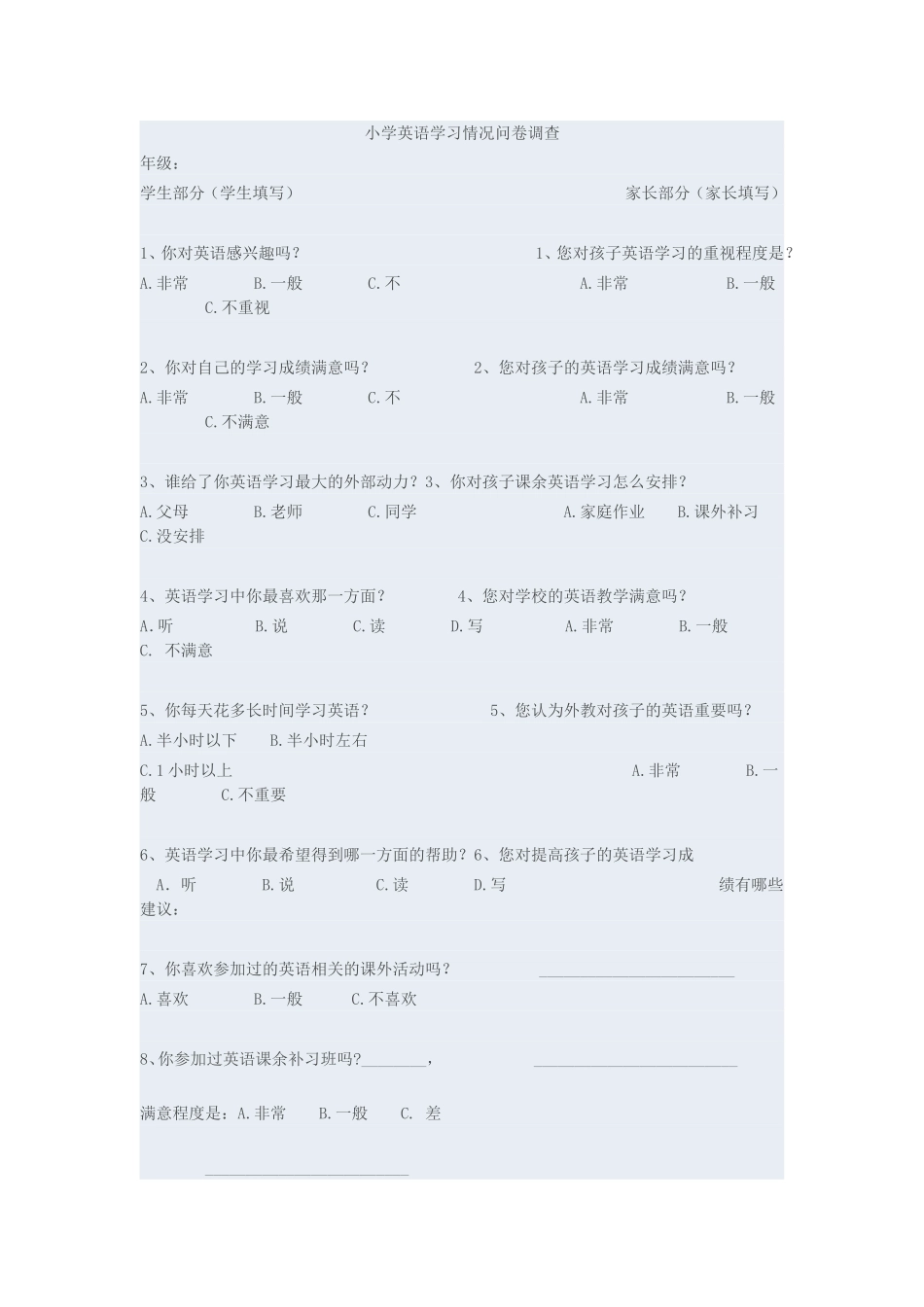 小学生英语学习实际情况调查_第1页