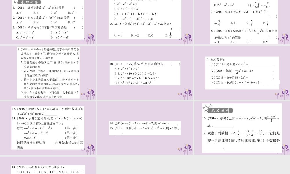 中考数学复习 第一轮 考点系统复习 第1章 数与式 第2节 整式与因式分解习题课件