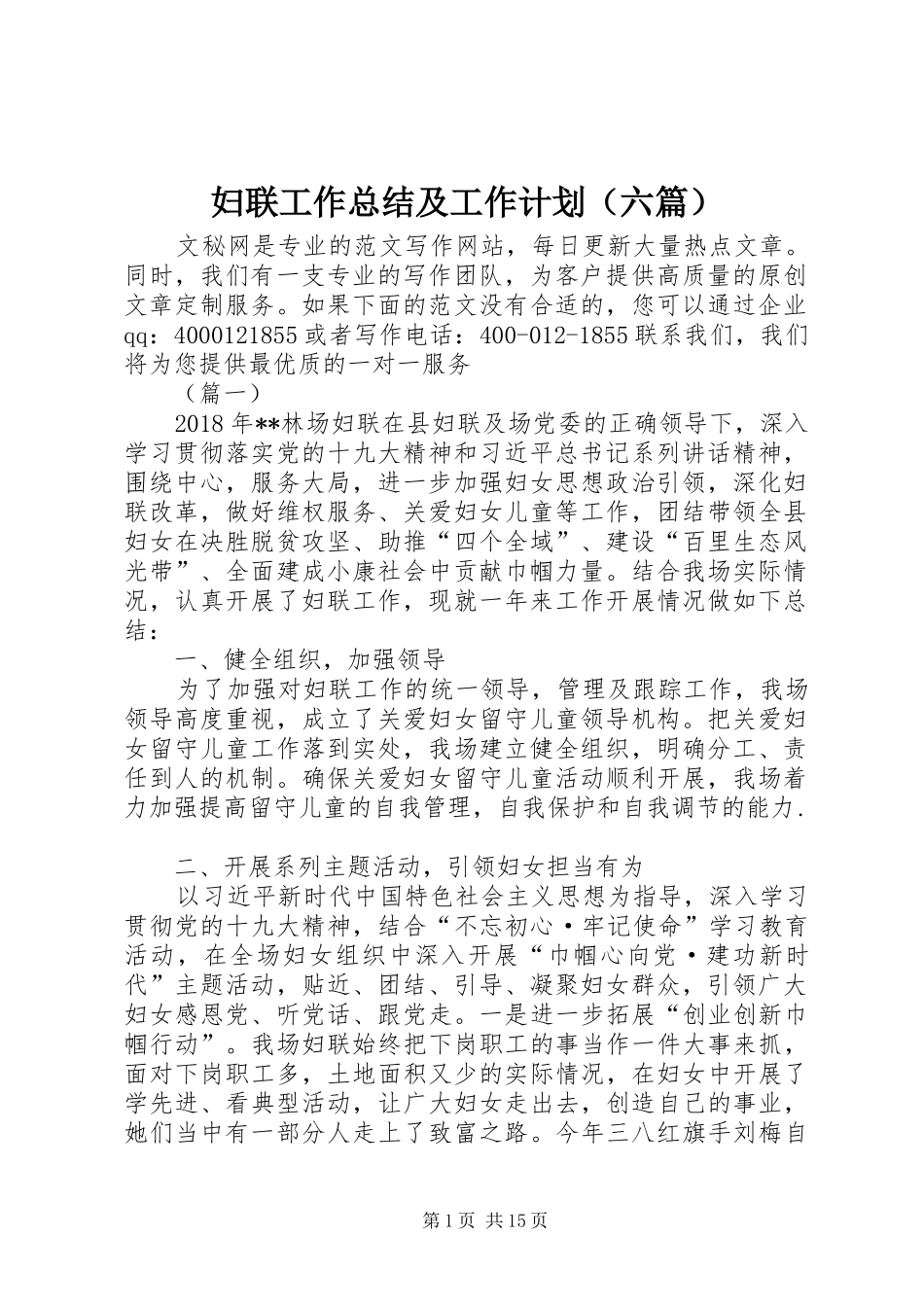 妇联工作总结及工作计划（六篇）_第1页