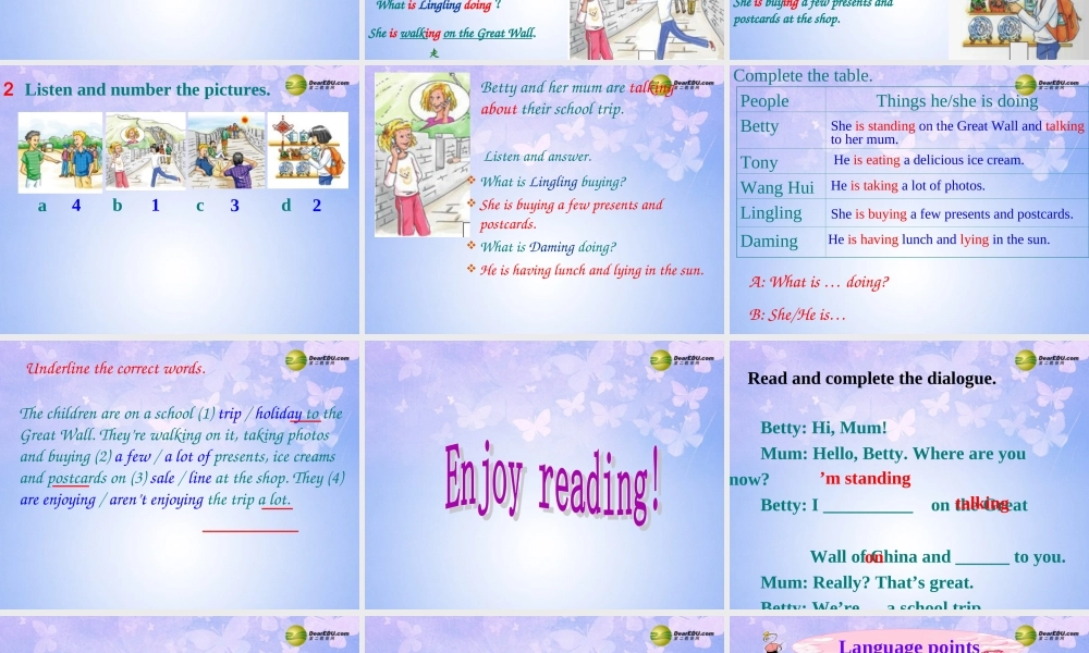 中学七年级英语上册 Module 9 People and places Unit 1 We re enjoying the school trip a lot课件 (新版)外研版 课件