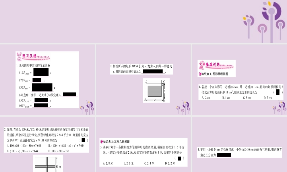 九年级数学上册 第2章 一元二次方程 25 一元二次方程的应用 第2课时 图形面积与几何问题作业课件 (新版)湘教版 课件