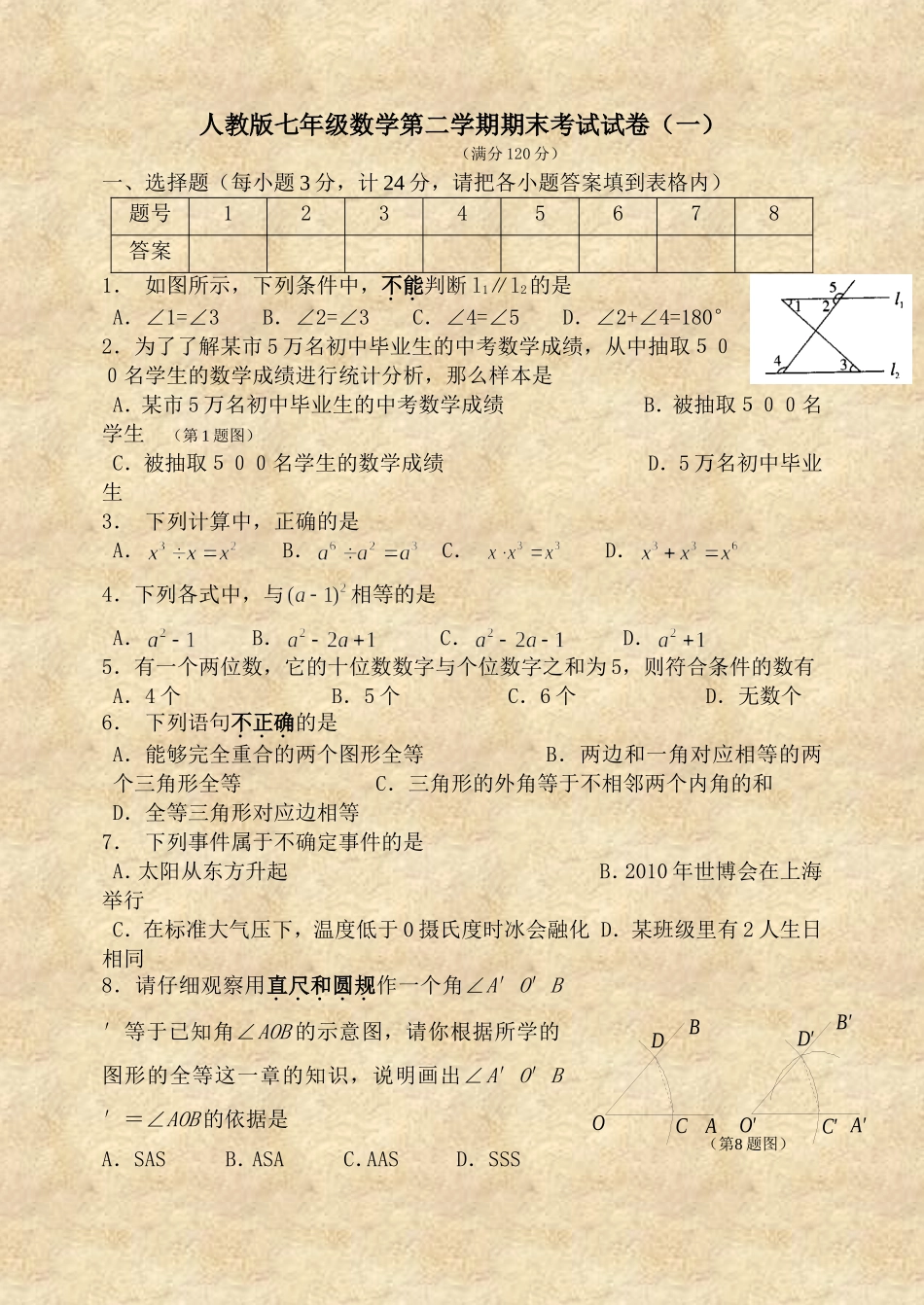 (共四套)人教版七年级数学下册期末测试题+答案解析_第1页