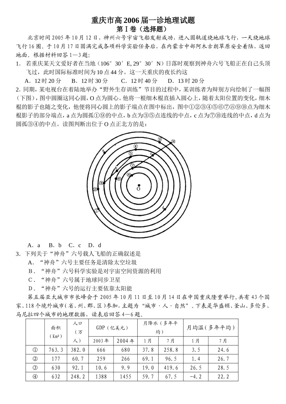 重庆市高2006届一诊地理试题_第1页
