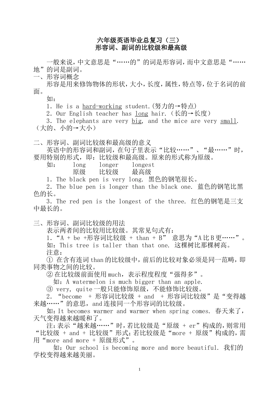 小学六年级英语毕业复习资料【形容词、副词的比较级和最高级】_第1页