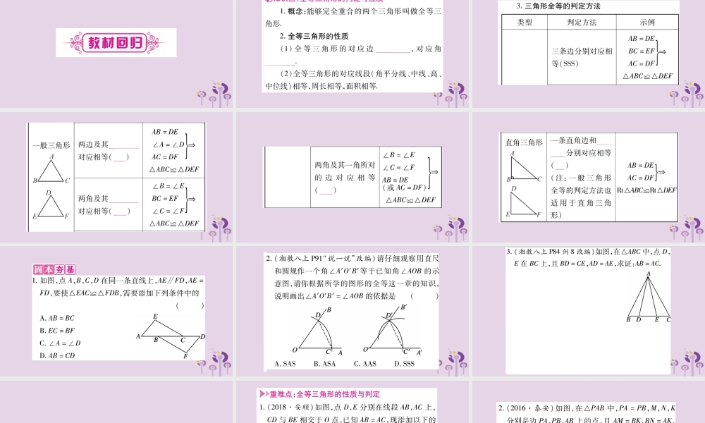 中考数学复习 第一轮 考点系统复习 第4章 三角形 第4节 全等三角形导学课件