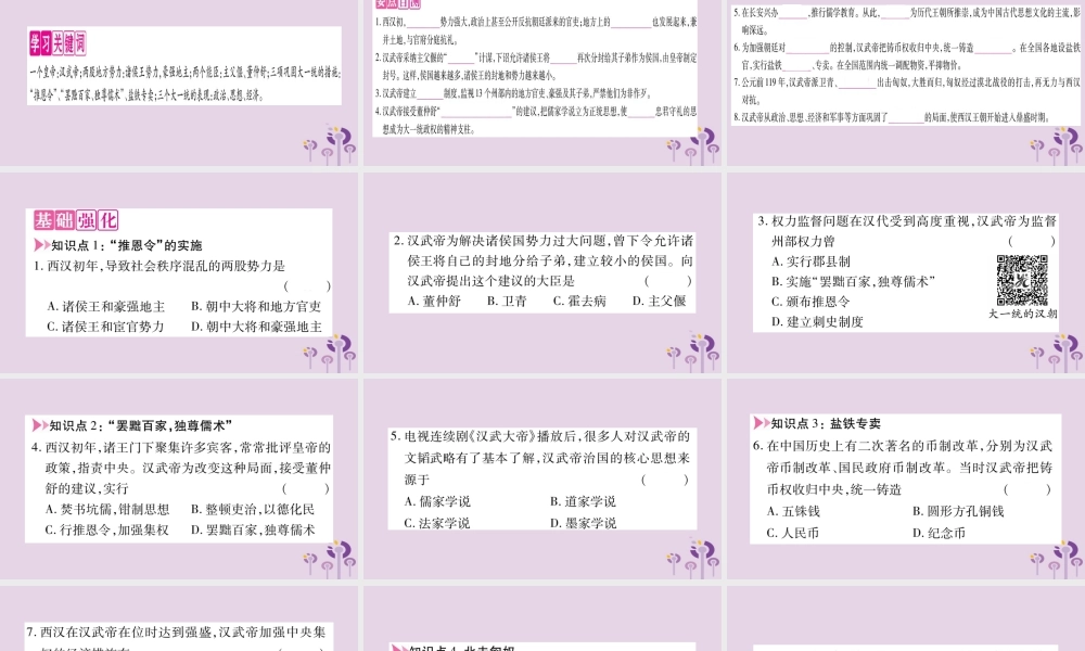 广西七年级历史上册 第3单元 秦汉时期 统一多民族国家的建立和巩固 第12课 汉武帝巩固大一统王朝课件 新人教版 课件