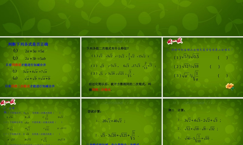 八年级数学下册 12.3 二次根式的加减课件1 (新版)苏科版 课件