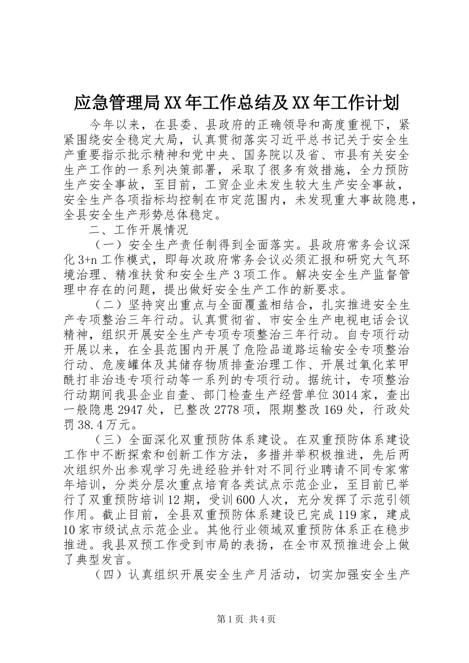 应急管理局XX年工作总结及XX年工作计划_第1页