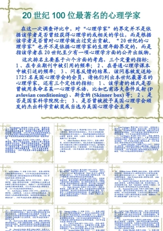 20世纪100位最著名的心理学家