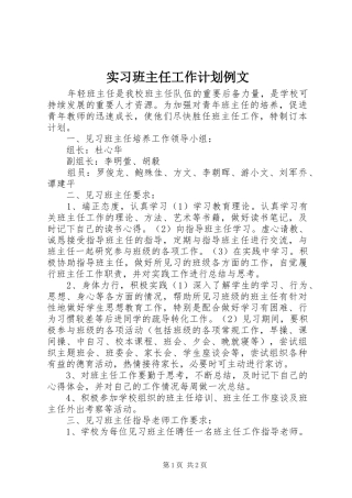 实习班主任工作计划例文