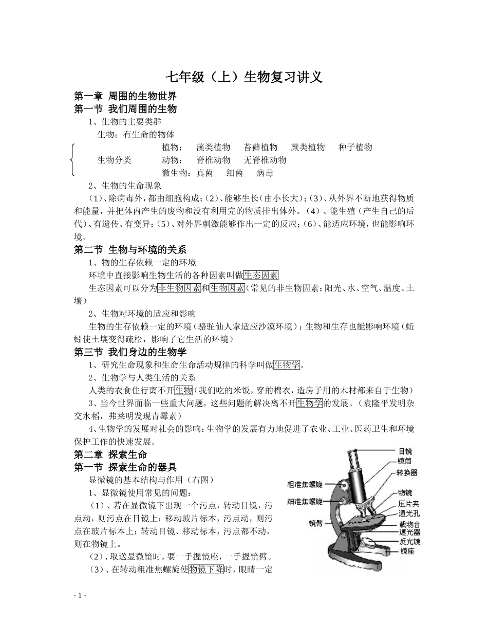 苏教版七年级生物上册复习提纲_第1页