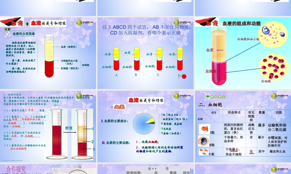 八年级生物上册 第四章(人体内物质的运输)课件 鲁科版 课件