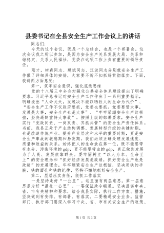 县委书记在全县安全生产工作会议上的讲话