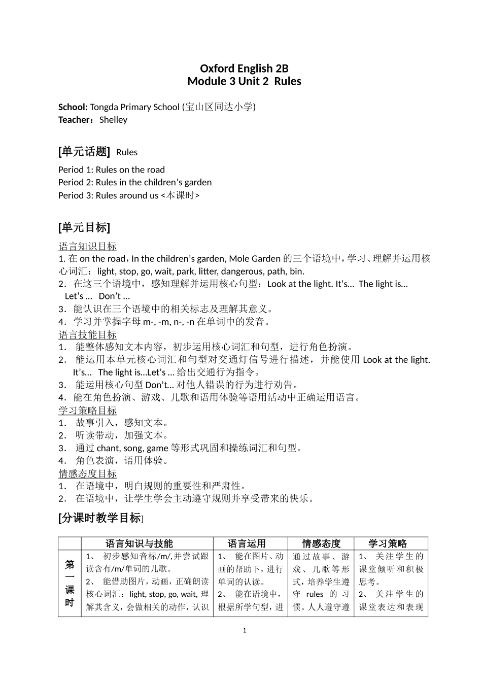 上海牛津英语2BM3Rules教学单元设计_第1页