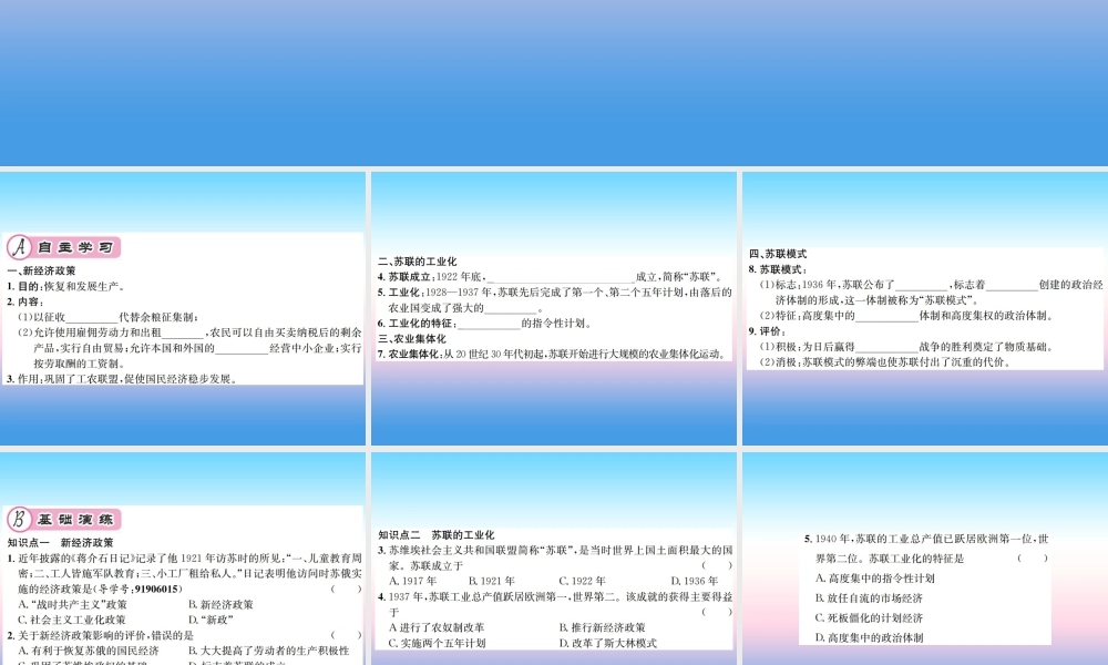 九年级历史下册 第3单元 第一次世界大战和战后初期的世界 第11课 苏联的社会主义建设作业课件 新人教版 课件