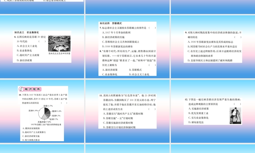 九年级历史下册 第3单元 第一次世界大战和战后初期的世界 第11课 苏联的社会主义建设作业课件 新人教版 课件